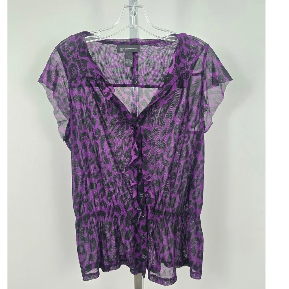 I.N.C International Concept Sheer Animal Print Short Sleeve Ruffle Neck Purple L